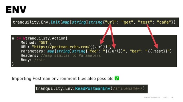 ENV
JUN-19
FINDING TRANQUILITY 19
Importing Postman environment files also possible ✅
