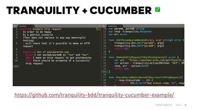 TRANQUILITY + CUCUMBER
JUN-19
FINDING TRANQUILITY 20
✅
https://github.com/tranquility-bdd/tranquility-cucumber-example/
