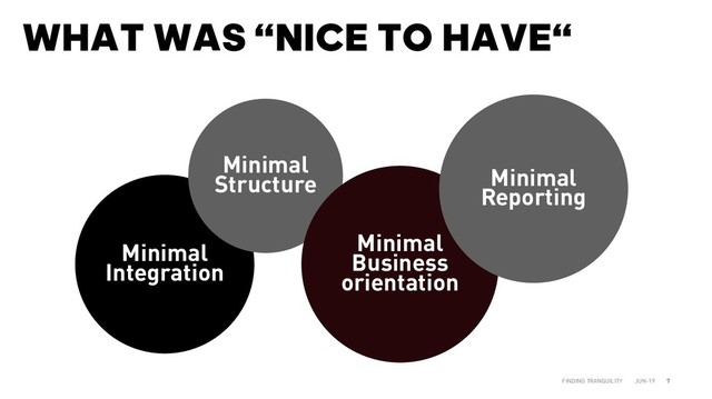 WHAT WAS “NICE TO HAVE“
JUN-19
FINDING TRANQUILITY 7
Minimal
Integration
Minimal
Structure
Minimal
Business
orientation
Minimal
Reporting
