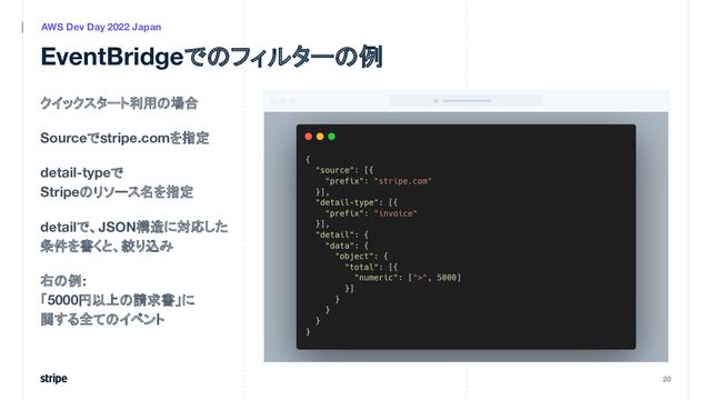 クイックスタート利用の場合
Sourceでstripe.comを指定
detail-typeで
Stripeのリソース名を指定
detailで、JSON構造に対応した
条件を書くと、絞り込み
右の例:
「5000円以上の請求書」に
関する全てのイベント
20
AWS Dev Day 2022 Japan
EventBridgeでのフィルターの例
