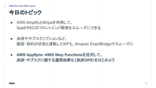 今日のトピック
● AWS AmplifyとStripeを利用して、
SaaSやECのフロントエンド開発をスムーズにできる
● 決済やサブスクリプションなど、
顧客・契約の状態と連動したWFも、Amazon EventBridgeでスムーズに
● AWS AppSync・AWS Step Functionsを活用して、
決済・サブスクに関する運用効率化（決済OPS）をはじめよう
22
AWS Dev Day 2022 Japan
