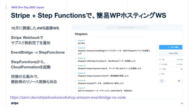 Stripe + Step Functionsで、簡易WPホスティングWS
25
AWS Dev Day 2022 Japan
10月に開催したAWS連携WS
Stripe Webhookで
サブスク契約完了を通知
EventBridge -> StepFunctions
StepFunctionsから、
CloudFormationを起動
同様の仕組みで、
解約時のリソース削除も対応
https://zenn.dev/stripe/books/workshop-amazon-eventbridge-no-code
