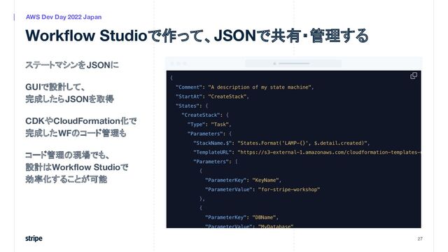 ステートマシンをJSONに
GUIで設計して、
完成したらJSONを取得
CDKやCloudFormation化で
完成したWFのコード管理も
コード管理の現場でも、
設計はWorkﬂow Studioで
効率化することが可能
27
AWS Dev Day 2022 Japan
Workﬂow Studioで作って、JSONで共有・管理する
