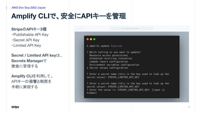 StripeのAPIキー3種
・Publishable API Key
・Secret API Key
・Limited API Key
Secret / Limited API keyは、
Secrets Managerで
安全に管理する
Amplify CLIを利用して、
APIキーの保管と利用を
手軽に実現する
7
AWS Dev Day 2022 Japan
Amplify CLIで、安全にAPIキーを管理
