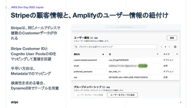 Stripeは、同じメールアドレスで
複数のCustomerデータが作
れる
Stripe Customer IDと
Cognito User PoolsのIDを
マッピングして重複を回避
手早い方法は、
Metadataでのマッピング
検索性を求める場合、
DynamoDBでテーブルを用意
9
AWS Dev Day 2022 Japan
Stripeの顧客情報と、Amplifyのユーザー情報の紐付け
