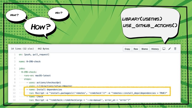 library(usethis)
use_github_actions()
What?
Why?
How?
