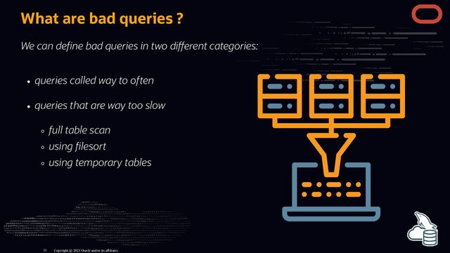 queries called way to often
queries that are way too slow
full table scan
using lesort
using temporary tables
What are bad queries ?
We can de ne bad queries in two di erent categories:
Copyright @ 2023 Oracle and/or its affiliates.
11

