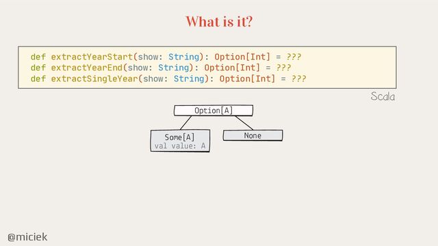 @miciek
What is it?
def extractYearStart(show: String): Option[Int] = ???

def extractYearEnd(show: String): Option[Int] = ???

def extractSingleYear(show: String): Option[Int] = ???
Scala
None
Option[A]
Some[A]
val value: A
