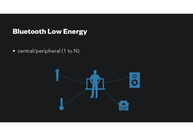 Bluetooth Low Energy
• central/peripheral (1 to N)
