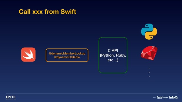 Call xxx from Swift
@dynamicMemberLookup
@dynamicCallable
C API
(Python, Ruby,
etc…)
.
.
.
