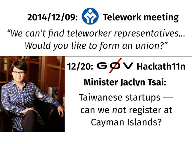 2014/12/09: Telework meeting
12/20: Hackath11n
“We can’t ﬁnd teleworker representatives…�
Would you like to form an union?”
2014/12/09: Telework meeting
12/20: Hackath11n
Taiwanese startups �
can we not register at
Cayman Islands?
ՄҎෆཁڈ։ჭઃެ࢘䆩ʁ
— Jaclyn Tsai, Minister without Portfolio
Minister Jaclyn Tsai:
