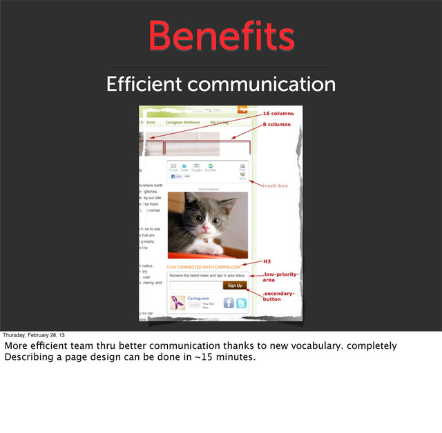 Benefits
Efficient communication
Thursday, February 28, 13
More efficient team thru better communication thanks to new vocabulary. completely
Describing a page design can be done in ~15 minutes.

