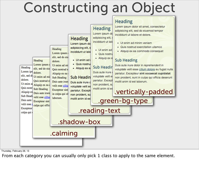 Constructing an Object
.calming
.shadow-box
.reading-text
.green-bg-type
.vertically-padded
Thursday, February 28, 13
From each category you can usually only pick 1 class to apply to the same element.
