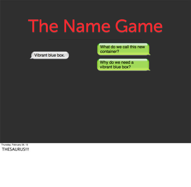 The Name Game
Thursday, February 28, 13
THESAURUS!!!
