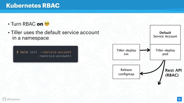 @hayorov
• Turn RBAC on 
• Tiller uses the default service account  
in a namespace
Kubernetes RBAC
Tiller-deploy

svc
Tiller-deploy

pod
Service
Account
Release
conﬁgmap (RBAC)
Default

Service Account
Rest API
