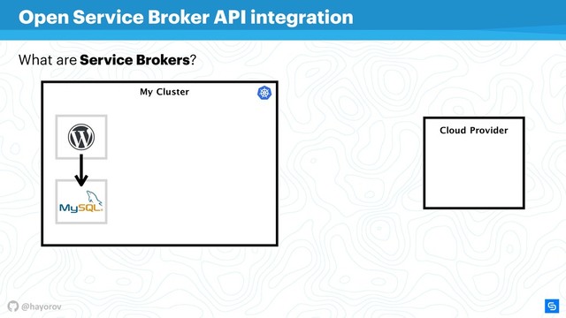 @hayorov
My Cluster
Cloud Provider
Open Service Broker API integration
What are Service Brokers?
