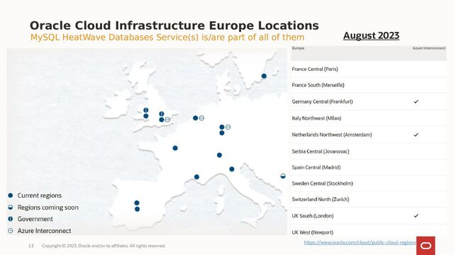 Copyright © 2023, Oracle and/or its affiliates. All rights reserved.
13
Oracle Cloud Infrastructure Europe Locations
MySQL HeatWave Databases Service(s) is/are part of all of them
https://www.oracle.com/cloud/public-cloud-regions
August 2023

