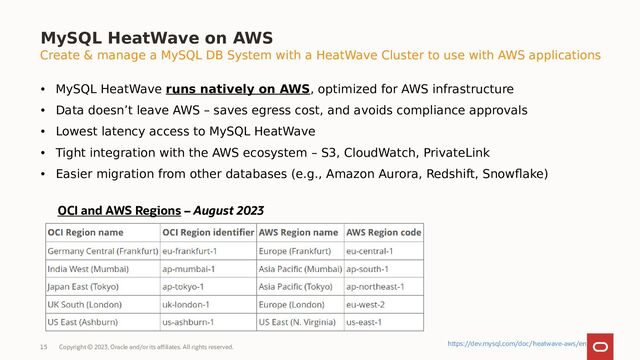 Copyright © 2023, Oracle and/or its affiliates. All rights reserved.
15
MySQL HeatWave on AWS
• MySQL HeatWave runs natively on AWS, optimized for AWS infrastructure
• Data doesn’t leave AWS – saves egress cost, and avoids compliance approvals
• Lowest latency access to MySQL HeatWave
• Tight integration with the AWS ecosystem – S3, CloudWatch, PrivateLink
• Easier migration from other databases (e.g., Amazon Aurora, Redshift, Snowflake)
OCI and AWS Regions – August 2023
Create & manage a MySQL DB System with a HeatWave Cluster to use with AWS applications
https://dev.mysql.com/doc/heatwave-aws/en
