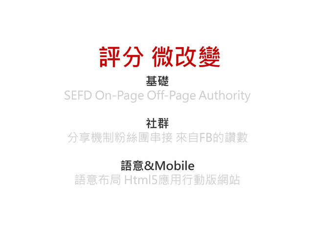 基礎
SEFD On-Page Off-Page Authority
社群
分享機制粉絲團串接 來自FB的讚數
語意&Mobile
語意布局 Html5應用行動版網站
評分 微改變
