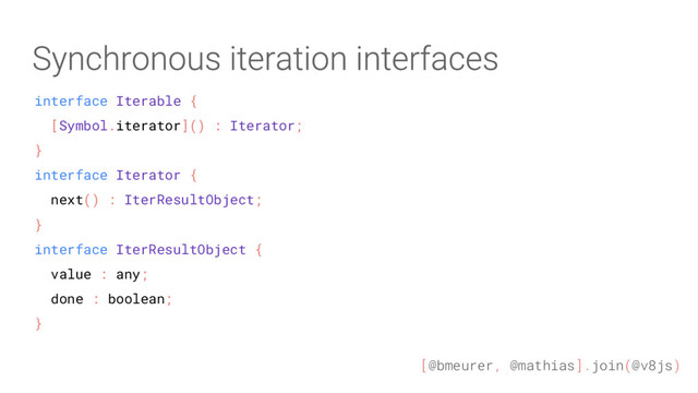 [@bmeurer, @mathias].join(@v8js)
interface Iterable {
[Symbol.iterator]() : Iterator;
}
interface Iterator {
next() : IterResultObject;
}
interface IterResultObject {
value : any;
done : boolean;
}
