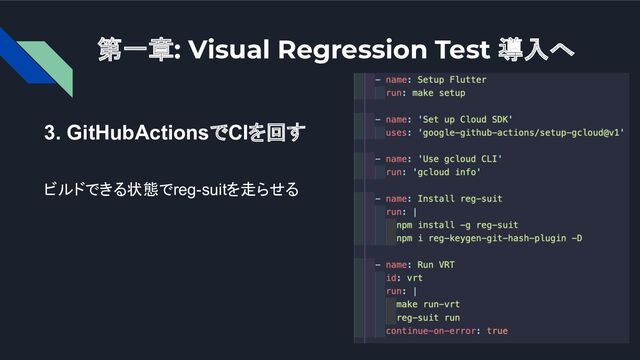 第一章: Visual Regression Test 導入へ
3. GitHubActionsでCIを回す
ビルドできる状態でreg-suitを走らせる
