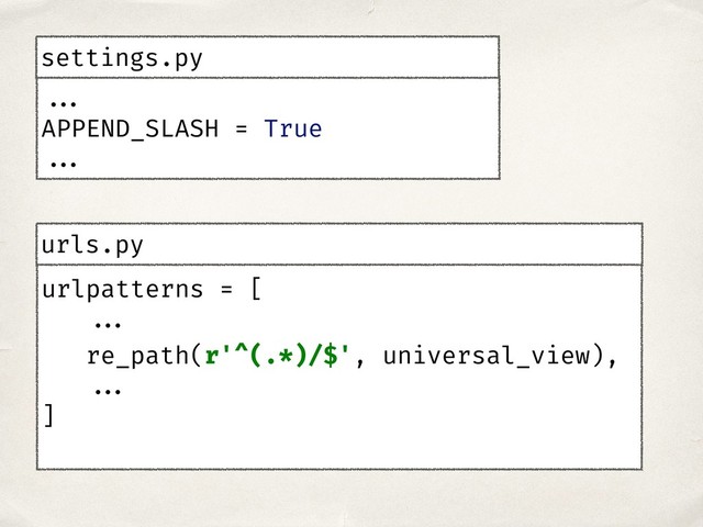 ...
APPEND_SLASH = True
...
settings.py
urlpatterns = [
...
re_path(r'^(.*)/$', universal_view),
...
]
urls.py
