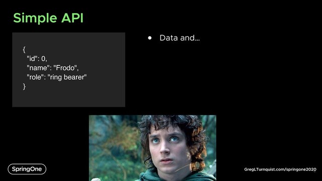 GregLTurnquist.com/springone2020
Simple API
{
"id": 0,
"name": "Frodo",
"role": "ring bearer"
}
6
● Data and…
