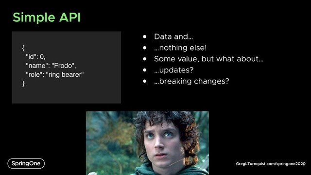 GregLTurnquist.com/springone2020
Simple API
{
"id": 0,
"name": "Frodo",
"role": "ring bearer"
}
6
● Data and…
● …nothing else!
● Some value, but what about…
● …updates?
● …breaking changes?
