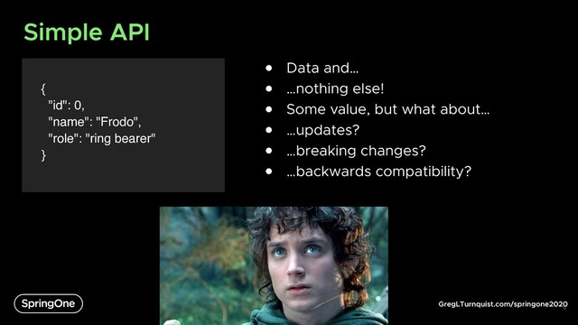 GregLTurnquist.com/springone2020
Simple API
{
"id": 0,
"name": "Frodo",
"role": "ring bearer"
}
6
● Data and…
● …nothing else!
● Some value, but what about…
● …updates?
● …breaking changes?
● …backwards compatibility?
