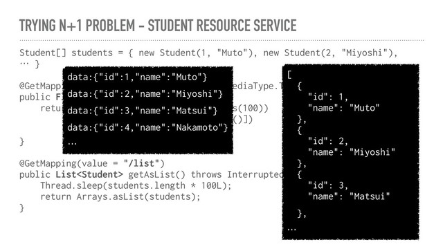 TRYING N+1 PROBLEM - STUDENT RESOURCE SERVICE
Student[] students = { new Student(1, "Muto"), new Student(2, "Miyoshi"),
… }
@GetMapping(value = "/flux", produces = MediaType.TEXT_EVENT_STREAM_VALUE)
public Flux getAsFlux() {
return Flux.interval(Duration.ofMillis(100))
.map(i -> students[i.intValue()])
.take(students.length);
}
@GetMapping(value = "/list")
public List getAsList() throws InterruptedException {
Thread.sleep(students.length * 100L);
return Arrays.asList(students);
}
data:{"id":1,"name":"Muto"}
data:{"id":2,"name":"Miyoshi"}
data:{"id":3,"name":"Matsui"}
data:{"id":4,"name":"Nakamoto"}
…
[
{
"id": 1,
"name": "Muto"
},
{
"id": 2,
"name": "Miyoshi"
},
{
"id": 3,
"name": "Matsui"
},
…
