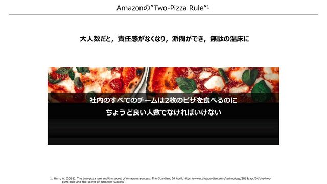 Amazonの”Two-Pizza Rule”1
⼤⼈数だと，責任感がなくなり，派閥ができ，無駄の温床に
1: Hern, A. (2018). The two-pizza rule and the secret of Amazon's success. The Guardian, 24 April, https://www.theguardian.com/technology/2018/apr/24/the-two-
pizza-rule-and-the-secret-of-amazons-success
社内のすべてのチームは2枚のピザを⾷べるのに
ちょうど良い⼈数でなければいけない
