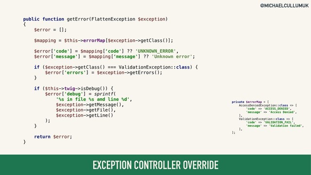 @MICHAELCULLUMUK
EXCEPTION CONTROLLER OVERRIDE
public function getError(FlattenException $exception)
{
$error = [];
$mapping = $this->errorMap[$exception->getClass()];
$error['code'] = $mapping[‘code'] ?? 'UNKNOWN_ERROR',
$error['message'] = $mapping[‘message'] ?? 'Unknown error';
if ($exception->getClass() === ValidationException::class) {
$error['errors'] = $exception->getErrors();
}
if ($this->twig->isDebug()) {
$error['debug'] = sprintf(
'%s in file %s amd line %d',
$exception->getMessage(),
$exception->getFile(),
$exception->getLine()
);
}
return $error;
}
private $errorMap = [
AccessDeniedException::class => [
'code' => 'ACCESS_DENIED',
'message' => 'Access Denied',
],
ValidationException::class => [
'code' => 'VALIDATION_FAIL',
'message' => 'Validation failed',
],
];
