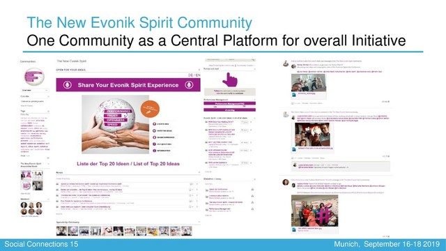 Social Connections 15 Munich, September 16-18 2019
The New Evonik Spirit Community
One Community as a Central Platform for overall Initiative

