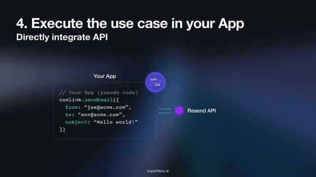 4. Execute the use case in your App
Directly integrate API
superface.ai
Resend API
Your App
// Your App (pseudo code)
comlink.sendEmail({
from: “joe@acme.com”,
to: “ann@acme.com”,
subject: “Hello world!”
})
