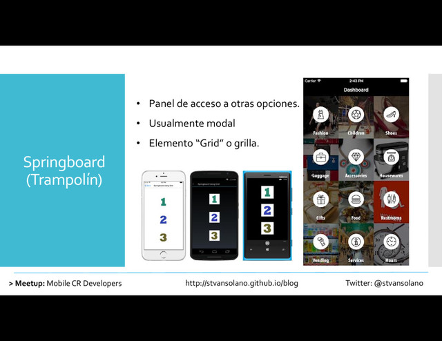 Springboard
(Trampolín)
> Meetup: Mobile CR Developers http://stvansolano.github.io/blog Twitter: @stvansolano
• Panel de acceso a otras opciones.
• Usualmente modal
• Elemento “Grid” o grilla.
