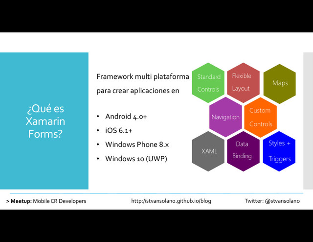 ¿Qué es
Xamarin
Forms?
> Meetup: Mobile CR Developers http://stvansolano.github.io/blog Twitter: @stvansolano
Standard
Controls
Flexible
Layout
Maps
Navigation
Custom
Controls
XAML
Data
Binding
Styles +
Triggers
Framework multi plataforma
para crear aplicaciones en
• Android 4.0+
• iOS 6.1+
• Windows Phone 8.x
• Windows 10 (UWP)
