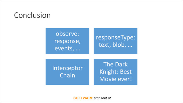 Conclusion
observe:
response,
events, …
responseType:
text, blob, …
Interceptor
Chain
The Dark
Knight: Best
Movie ever!
