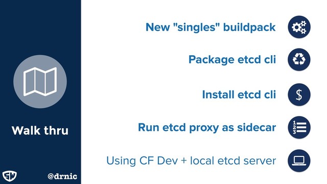 Install etcd cli
New "singles" buildpack
Walk thru
@drnic
Package etcd cli Ɲ
$
Run etcd proxy as sidecar
ɑ
Using CF Dev + local etcd server
