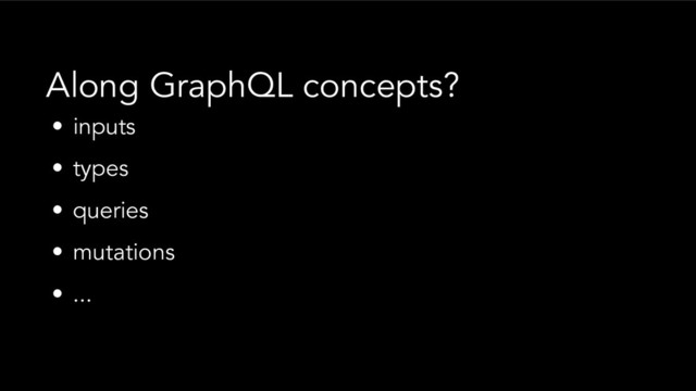 • inputs
• types
• queries
• mutations
• ...
Along GraphQL concepts?
