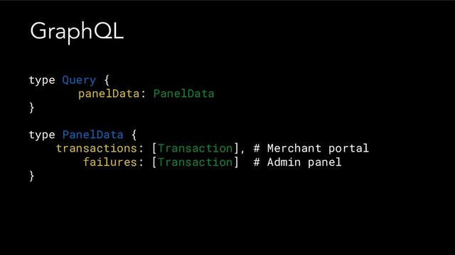 type Query {
panelData: PanelData
}
type PanelData {
transactions: [Transaction], # Merchant portal
failures: [Transaction] # Admin panel
}
GraphQL

