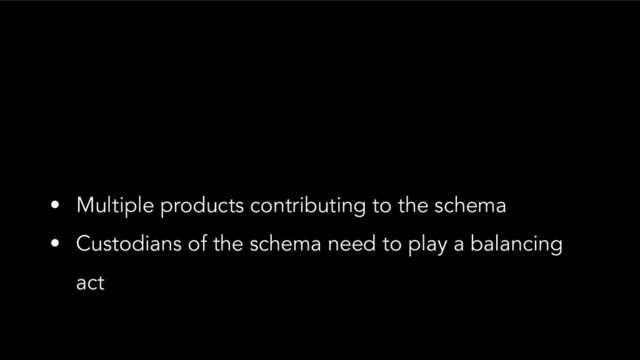 • Multiple products contributing to the schema
• Custodians of the schema need to play a balancing
act
