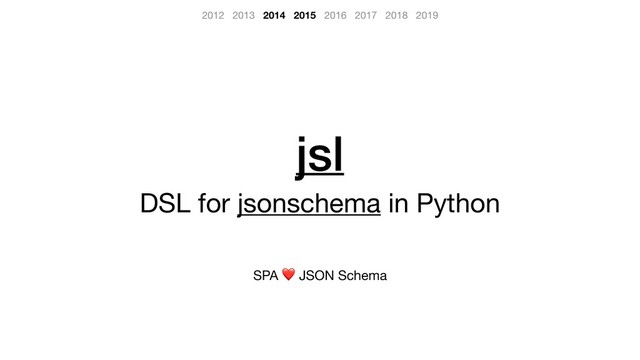 jsl
DSL for jsonschema in Python

SPA ❤ JSON Schema
2012 2013 2014 2015 2016 2017 2018 2019
