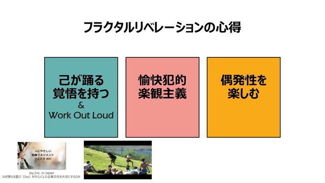 フラクタルリベレーションの⼼得
⼰が踊る
覚悟を持つ
&
Work Out Loud
愉快犯的
楽観主義
偶発性を
楽しむ
Joy,Inc. in Japan
なぜ僕らは喜び（Joy）を中⼼にした企業⽂化を⼤切にするのか
