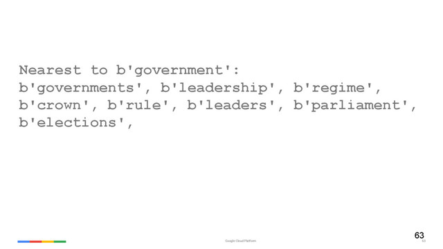 Google Cloud Platform 63
Nearest to b'government':
b'governments', b'leadership', b'regime',
b'crown', b'rule', b'leaders', b'parliament',
b'elections',
63
