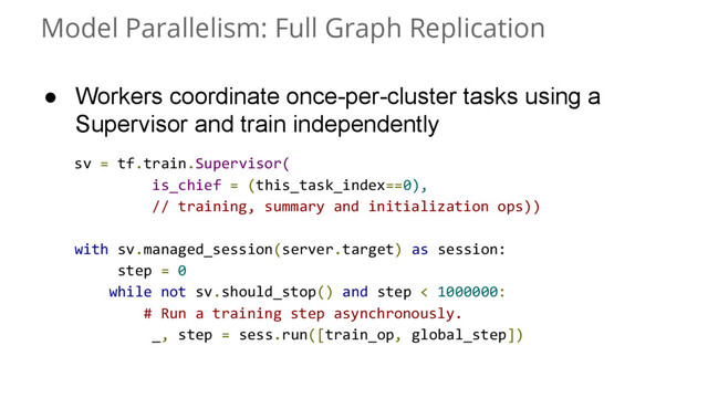 Model Parallelism: Full Graph Replication
● Workers coordinate once-per-cluster tasks using a
Supervisor and train independently
sv = tf.train.Supervisor(
is_chief = (this_task_index==0),
// training, summary and initialization ops))
with sv.managed_session(server.target) as session:
step = 0
while not sv.should_stop() and step < 1000000:
# Run a training step asynchronously.
_, step = sess.run([train_op, global_step])
