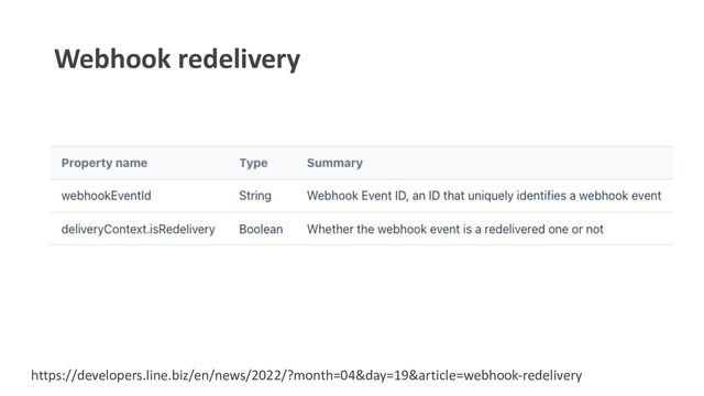 Webhook redelivery
https://developers.line.biz/en/news/2022/?month=04&day=19&article=webhook-redelivery
