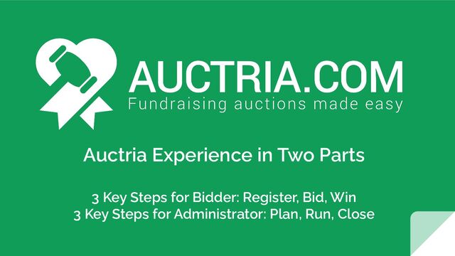 Auctria Experience in Two Parts
3 Key Steps for Bidder: Register, Bid, Win
3 Key Steps for Administrator: Plan, Run, Close
