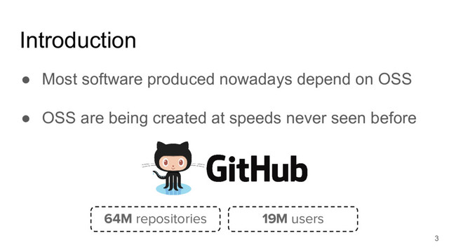 Introduction
● Most software produced nowadays depend on OSS
● OSS are being created at speeds never seen before
64M repositories
3
19M users
