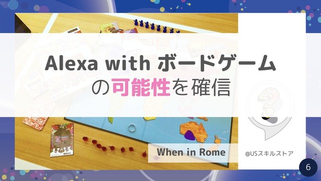 When in Rome @USスキルストア
Alexa with ボードゲーム
の可能性を確信
6
